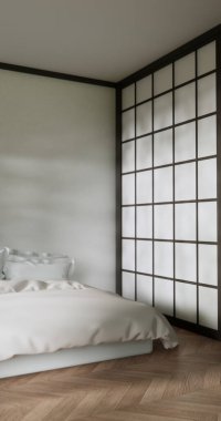 Yatak odası Japon tarzı, modern beyaz duvar ve ahşap zemin, oda minimalisti. 3B görüntüleme