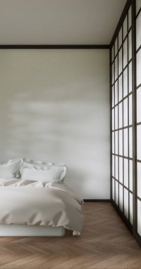 Yatak odası Japon tarzı, modern beyaz duvar ve ahşap zemin, oda minimalisti. 3B görüntüleme