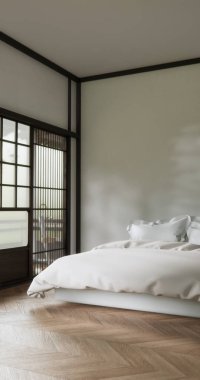 Yatak odası Japon tarzı, modern beyaz duvar ve ahşap zemin, oda minimalisti. 3B görüntüleme