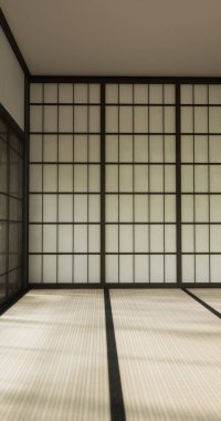 Nihon oda tasarımı, kapı kağıdı ve dolap raf duvarı, Tatami paspas odası japon tarzı. 3B görüntüleme