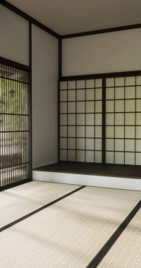 Nihon oda tasarımı, kapı kağıdı ve dolap raf duvarı, Tatami paspas odası japon tarzı. 3B görüntüleme