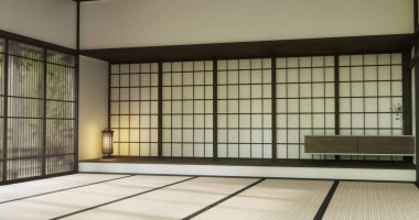 Nihon oda tasarımı, kapı kağıdı ve dolap raf duvarı, Tatami paspas odası japon tarzı. 3B görüntüleme