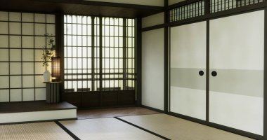 Ryokan Odası boş Zen. Tatami paspaslı Japon tarzı. 3D döşemeli.