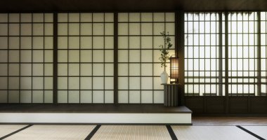 Nihon oda tasarımı, kapı kağıdı ve dolap raf duvarı, Tatami paspas odası japon tarzı. 3B görüntüleme
