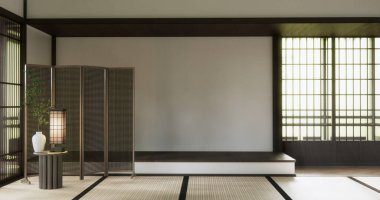 Ryokan Odası boş Zen. Tatami paspaslı Japon tarzı. 3D döşemeli.