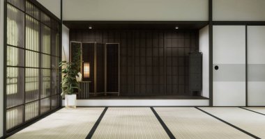 Ryokan Odası boş Zen. Tatami paspaslı Japon tarzı. 3D döşemeli.