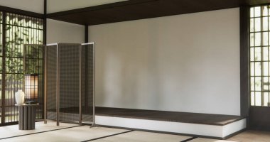 Ryokan Odası boş Zen. Tatami paspaslı Japon tarzı. 3D döşemeli.