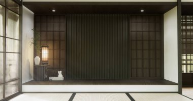 Nihon oda tasarımı, kapı kağıdı ve dolap raf duvarı, Tatami paspas odası japon tarzı. 3B görüntüleme