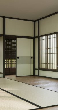 Nihon oda tasarımı, kapı kağıdı ve dolap raf duvarı, Tatami paspas odası japon tarzı. 3B görüntüleme