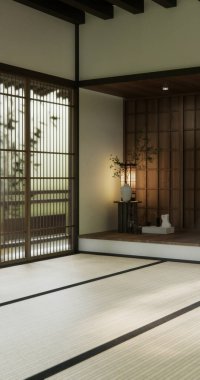 Nihon oda tasarımı, kapı kağıdı ve dolap raf duvarı, Tatami paspas odası japon tarzı. 3B görüntüleme