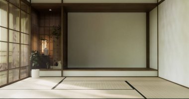Nihon oda tasarımı, kapı kağıdı ve dolap raf duvarı, Tatami paspas odası japon tarzı. 3B görüntüleme