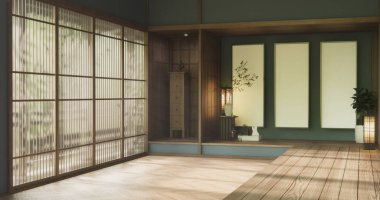 Japonya tarzı boş bir oda ve ahşap duvar tasarımlı gri bir duvar. 3d oluşturma