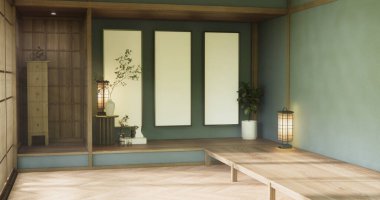 Japonya tarzı boş bir oda ve ahşap duvar tasarımlı gri bir duvar. 3d oluşturma