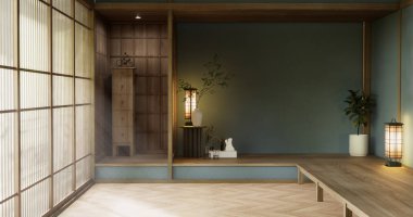 Japonya tarzı boş bir oda ve ahşap duvar tasarımlı gri bir duvar. 3d oluşturma