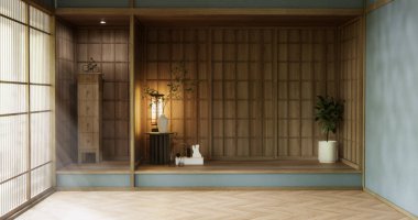 Japonya tarzı boş bir oda ve ahşap duvar tasarımlı gri bir duvar. 3d oluşturma