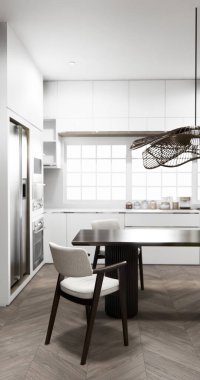 Japon usulü yemek odası, uzun masa ve Japon yapımı ahşap sandalyeler.