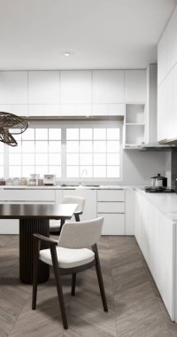 Japon usulü yemek odası, uzun masa ve Japon yapımı ahşap sandalyeler.