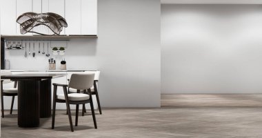 Japon usulü yemek odası, uzun masa ve Japon yapımı ahşap sandalyeler.