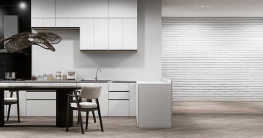 Japon usulü yemek odası, uzun masa ve Japon yapımı ahşap sandalyeler.