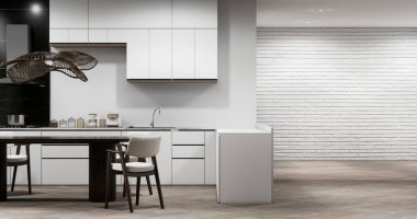 Japon usulü yemek odası, uzun masa ve Japon yapımı ahşap sandalyeler.