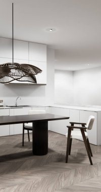 Japon usulü yemek odası, uzun masa ve Japon yapımı ahşap sandalyeler.