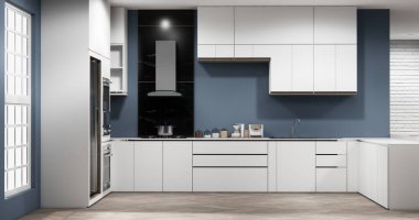 Gri Muji mutfak odası modern tarz minimal iç mekan 3D görüntüleme