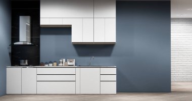 Gri Muji mutfak odası modern tarz minimal iç mekan 3D görüntüleme