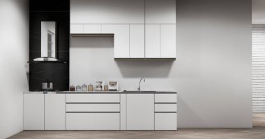 Mutfak tezgahı sahnesinde beyaz, modern çatı katı tarzı modeller yapın ve mutfak tasarımını ayarlayın. 3d oluşturma
