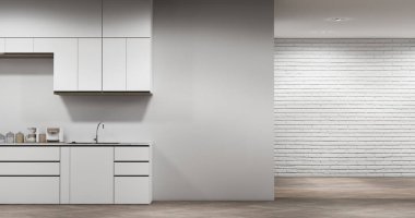 Mutfak tezgahı sahnesinde beyaz, modern çatı katı tarzı modeller yapın ve mutfak tasarımını ayarlayın. 3d oluşturma