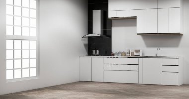 Mutfak tezgahı sahnesinde beyaz, modern çatı katı tarzı modeller yapın ve mutfak tasarımını ayarlayın. 3d oluşturma