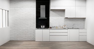 Mutfak tezgahı sahnesinde beyaz, modern çatı katı tarzı modeller yapın ve mutfak tasarımını ayarlayın. 3d oluşturma