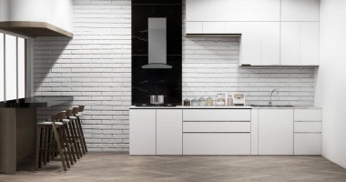 Japon usulü yemek odası, uzun masa ve Japon yapımı ahşap sandalyeler.