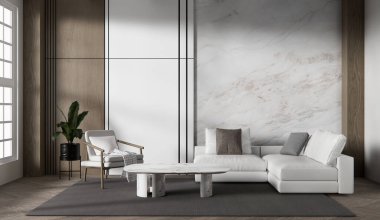 Oturma odasında kanepe ve masa var. Minimalist tasarım. Modern ahşap 3D tasarım.