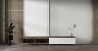Model Boş raf odası modern ahşap paneller duvar arkaplanı 3 boyutlu resimleme