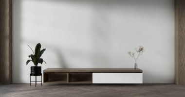 Model Boş raf odası modern ahşap paneller duvar arkaplanı 3 boyutlu resimleme