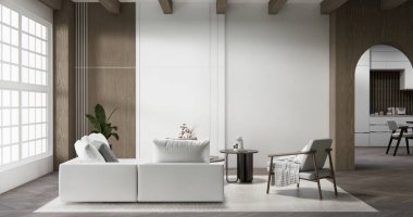 Oturma odasında kanepe ve masa var. Minimalist tasarım. Modern ahşap 3D tasarım.