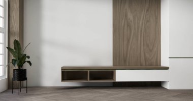 Model Boş raf odası modern ahşap paneller duvar arkaplanı 3 boyutlu resimleme