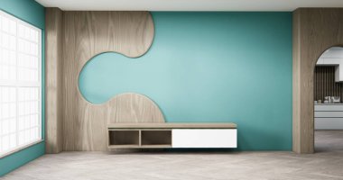 Modern ahşap paneller, arka plan 3 boyutlu resimleme ile daraltma odasında boş dolap rafı.