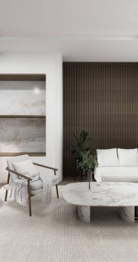 Oturma odasında kanepe ve masa var. Minimalist tasarım. Modern ahşap 3D tasarım.