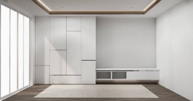 Model Boş raf odası modern ahşap paneller duvar arkaplanı 3 boyutlu resimleme