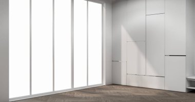 Model Boş raf odası modern ahşap paneller duvar arkaplanı 3 boyutlu resimleme