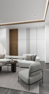 Oturma odasında kanepe ve masa var. Minimalist tasarım. Modern ahşap 3D tasarım.