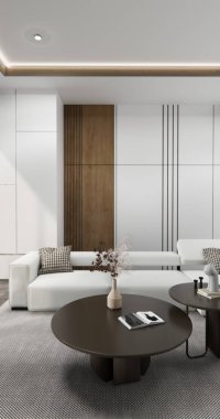 Oturma odasında kanepe ve masa var. Minimalist tasarım. Modern ahşap 3D tasarım.