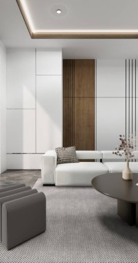 Oturma odasında kanepe ve masa var. Minimalist tasarım. Modern ahşap 3D tasarım.
