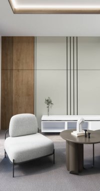 Oturma odasında kanepe ve masa var. Minimalist tasarım. Modern ahşap 3D tasarım.