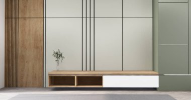 Model Boş raf odası modern ahşap paneller duvar arkaplanı 3 boyutlu resimleme