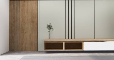 Model Boş raf odası modern ahşap paneller duvar arkaplanı 3 boyutlu resimleme