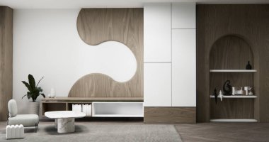 Dekorasyon, lamba, bitki, halı ve 3D işlemeli boş odadaki dolap rafları.