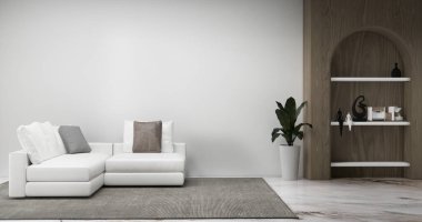 Dekorasyon, lamba, bitki, halı ve 3D işlemeli boş odadaki dolap rafları.