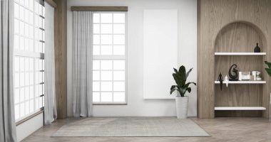 Rafta duvar odası zen tarzı ve dekorayon ahşap tasarımı, toprak tonlama 3D